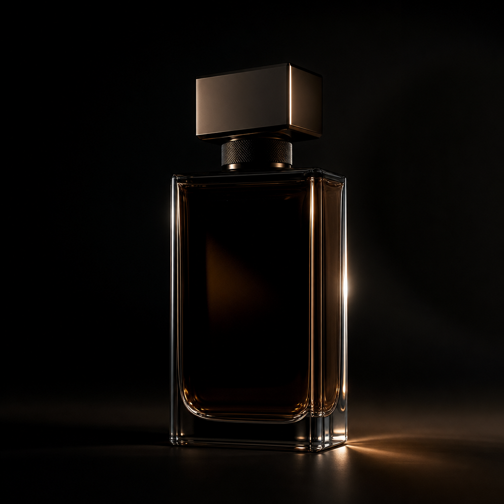 شیشه‌ی عطر زیر نور گرم استودیو